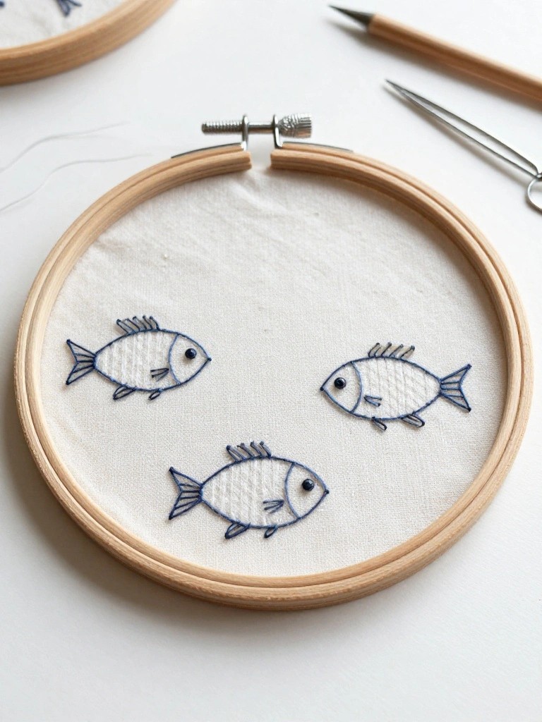 Embroidery hoop on white fabric with three simple blue outline fish spaced inside the circle.
