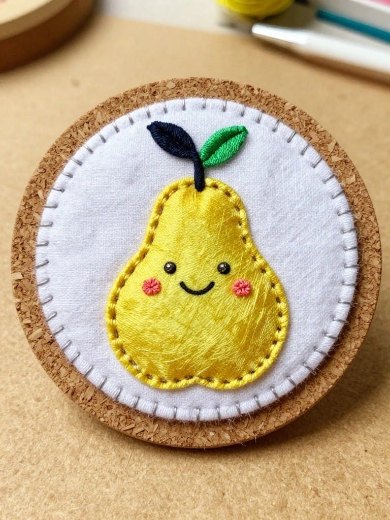 Round cork coaster topped with white fabric embroidered in yellow with a smiling pear, green leaf, and pink blush cheeks.
