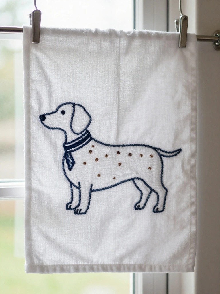 White tea towel embroidered with a navy outline of a spotted dachshund wearing a bow tie, hanging from clothespins on a window.