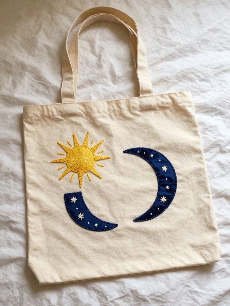 Beige canvas tote bag embroidered with yellow sun on left and blue crescent moon with stars on right front panel.