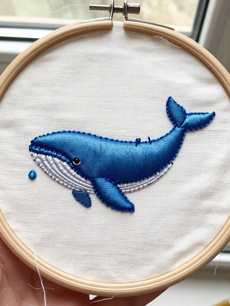 Hand holding a wooden embroidery hoop with a blue whale stitched on white fabric.