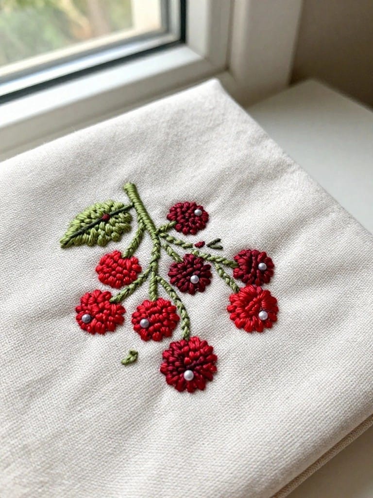 White folded napkin embroidered with a cluster of red cherries made of knots, green leaves, and thin stems in one corner.