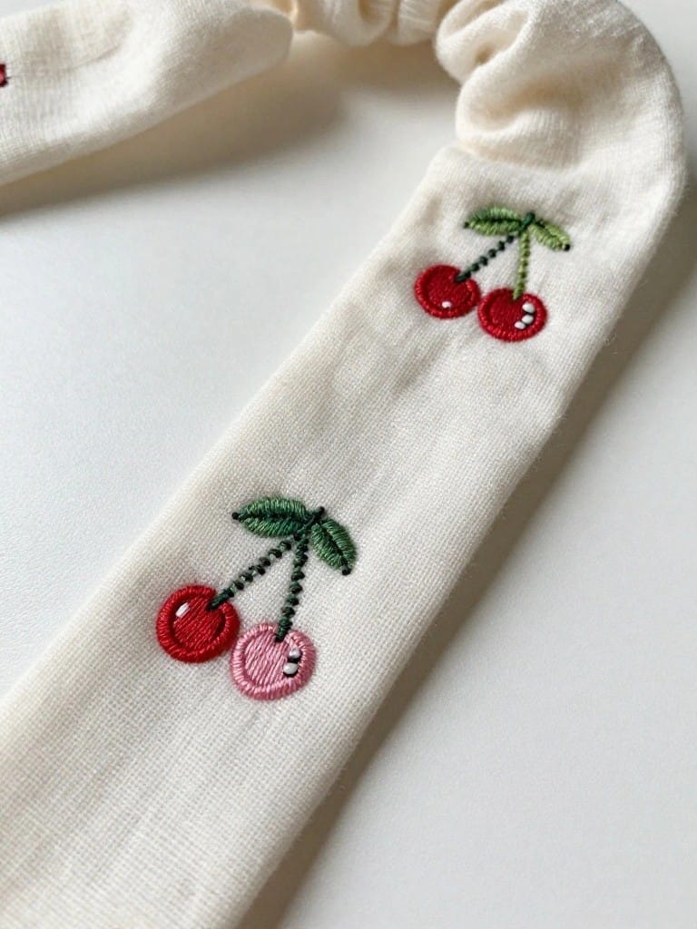 A stretched cream scrunchie with embroidered red and pink cherries and green leaves spaced along its length.