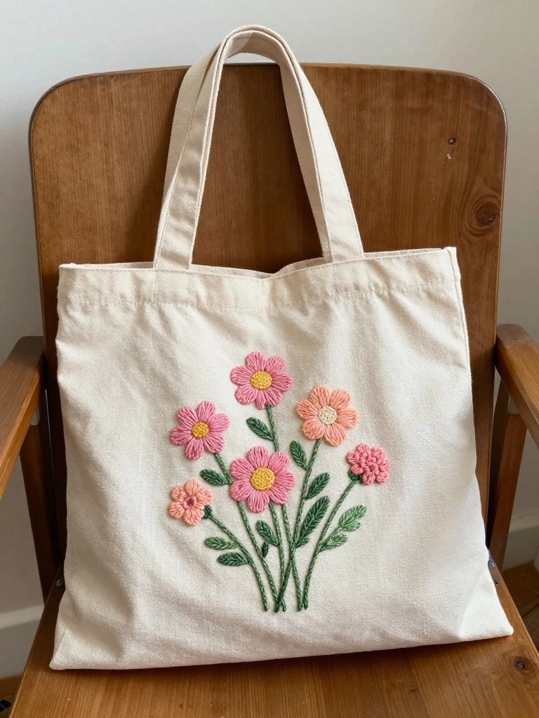 Beige canvas tote bag embroidered with a cluster of pink, peach, and orange daisies and green stems on the front, draped over a wooden chair.