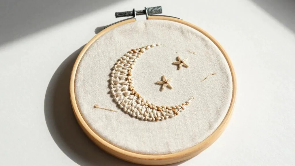 Embroidery hoop on white fabric with a white crescent moon accented by yellow and navy stars.