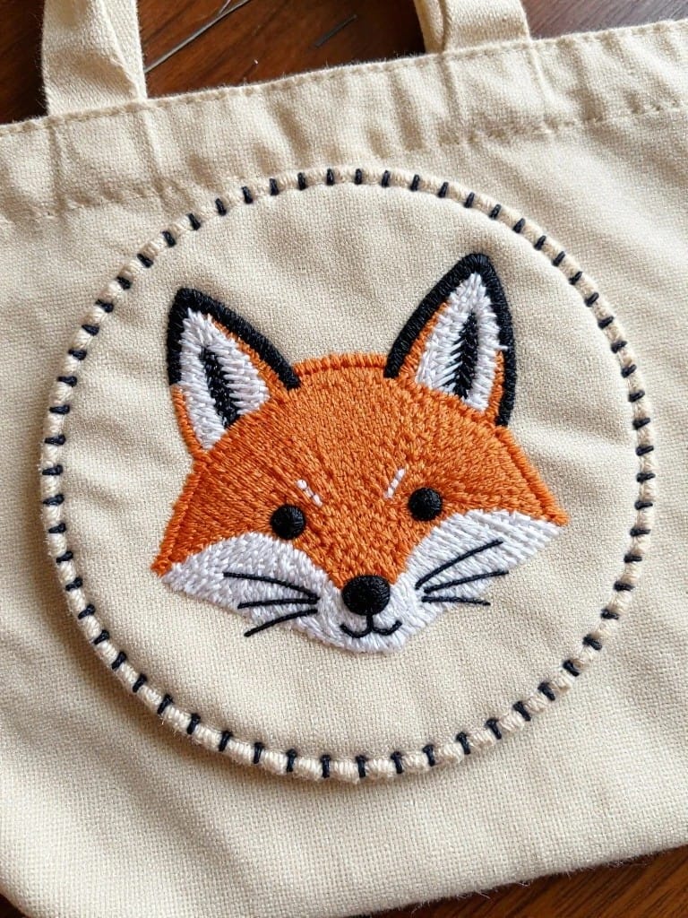 Small beige canvas tote bag with a circular embroidery of an orange fox face on the front panel.