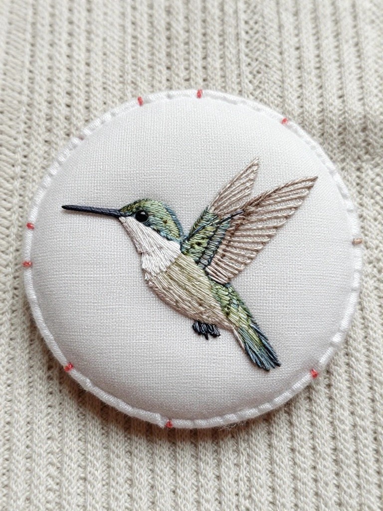 Round white fabric embroidered with a green and white hummingbird in flight, edged in red stitching on beige knit background.