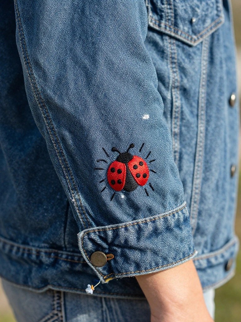 Close-up of a red embroidered ladybug with black spots on the sleeve of a faded blue denim jacket.