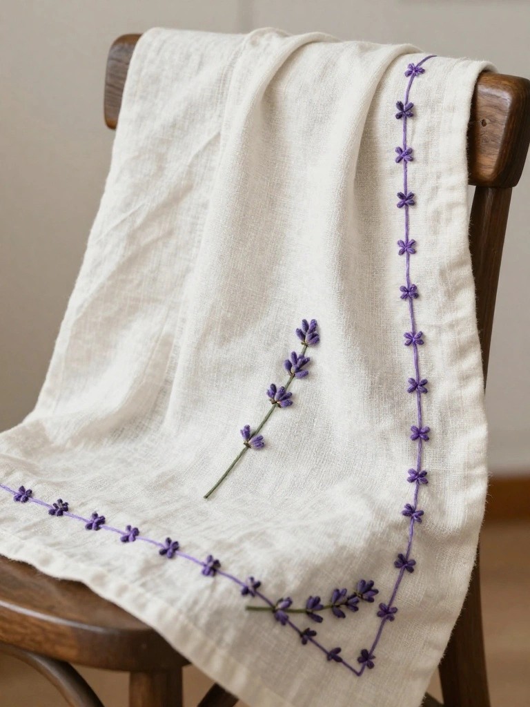 White linen cloth draped over a wooden chair with purple embroidered lavender stem and border along the lower edges.