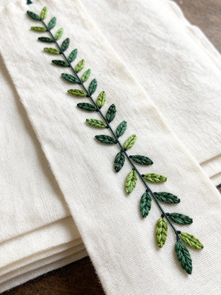 White stacked napkins with a thin green embroidered leaf chain along one edge.