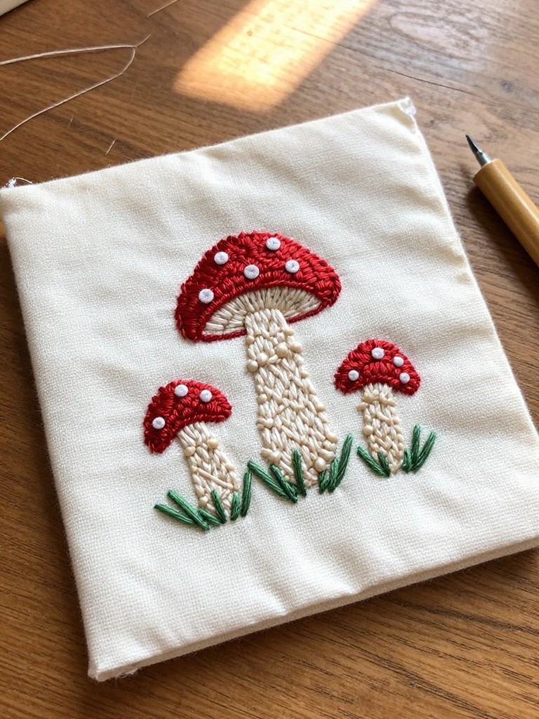 Cream fabric drawstring pouch embroidered with three red mushrooms on white stems amid green grass on a wooden table.