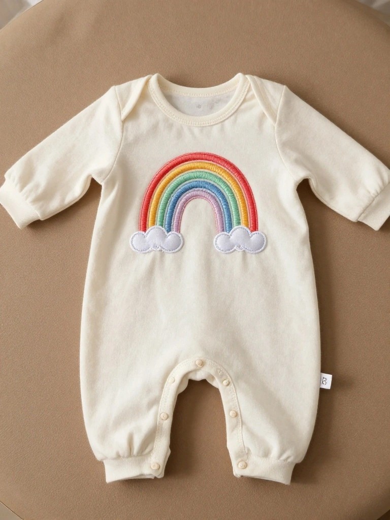 Cream long-sleeve baby onesie laid flat with multicolored embroidered double rainbow and clouds on the front chest.