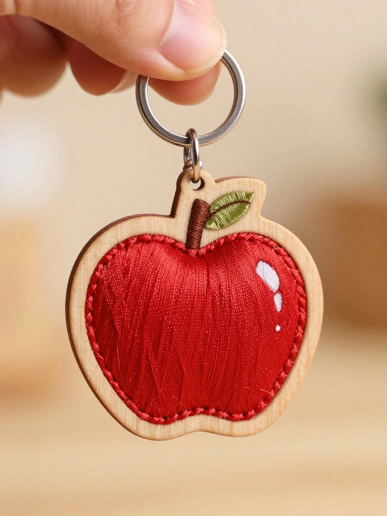 A hand holds a small red embroidered apple keychain with a green leaf attached to a metal ring.