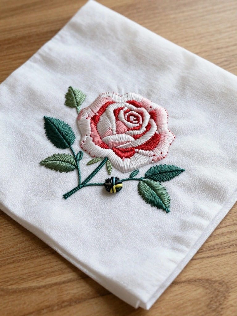 White square napkin embroidered with a central pink and white rose, green leaves, and a small black ladybug on the stem.