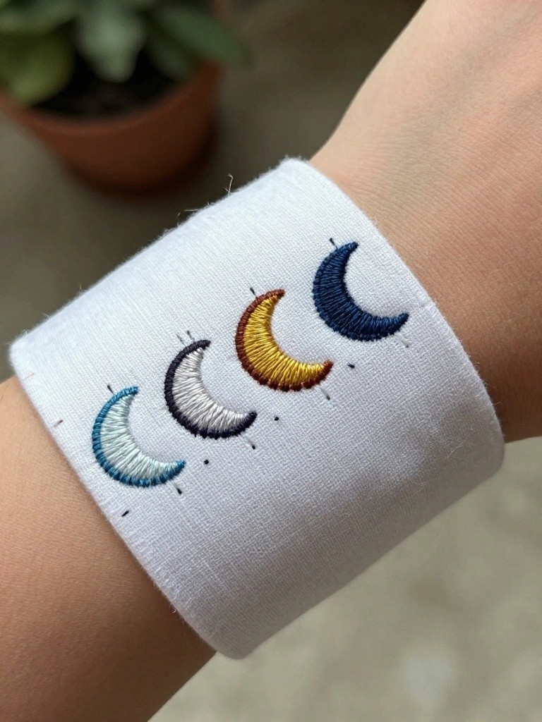 White fabric wristband embroidered with four differently colored crescent moons in a row, worn on a wrist next to potted plants.