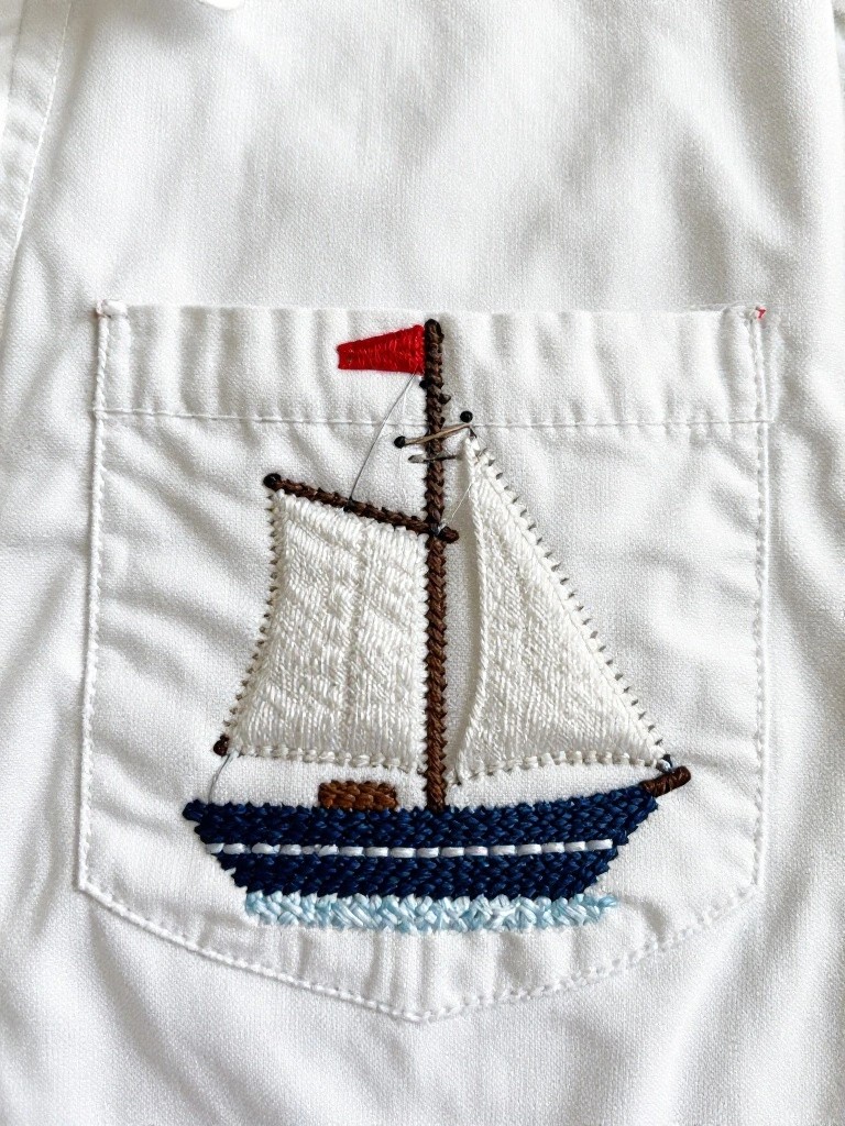 White apron pocket with embroidered sailboat featuring white sails, red flag, brown mast, navy hull, and blue waves.