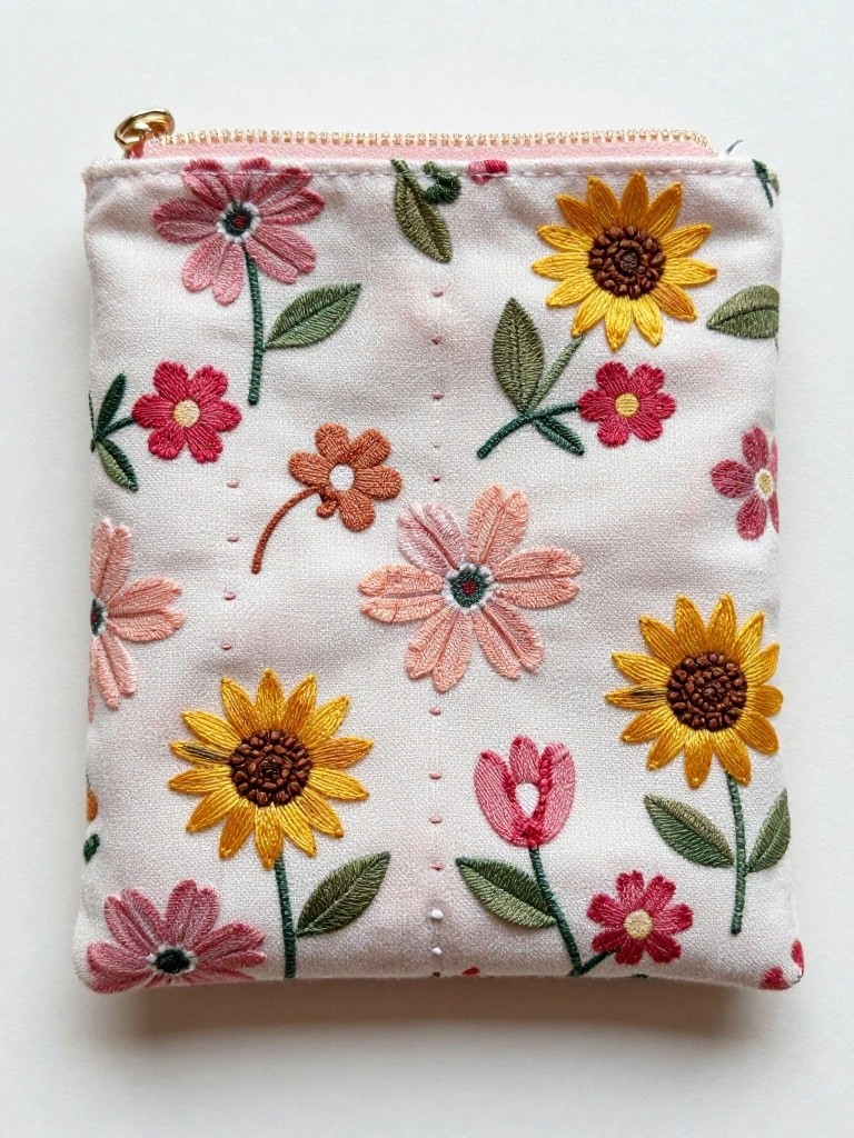 Small white fabric zipper pouch with pink zipper, embroidered with scattered pink, red, yellow sunflowers, daisies, and leaves.