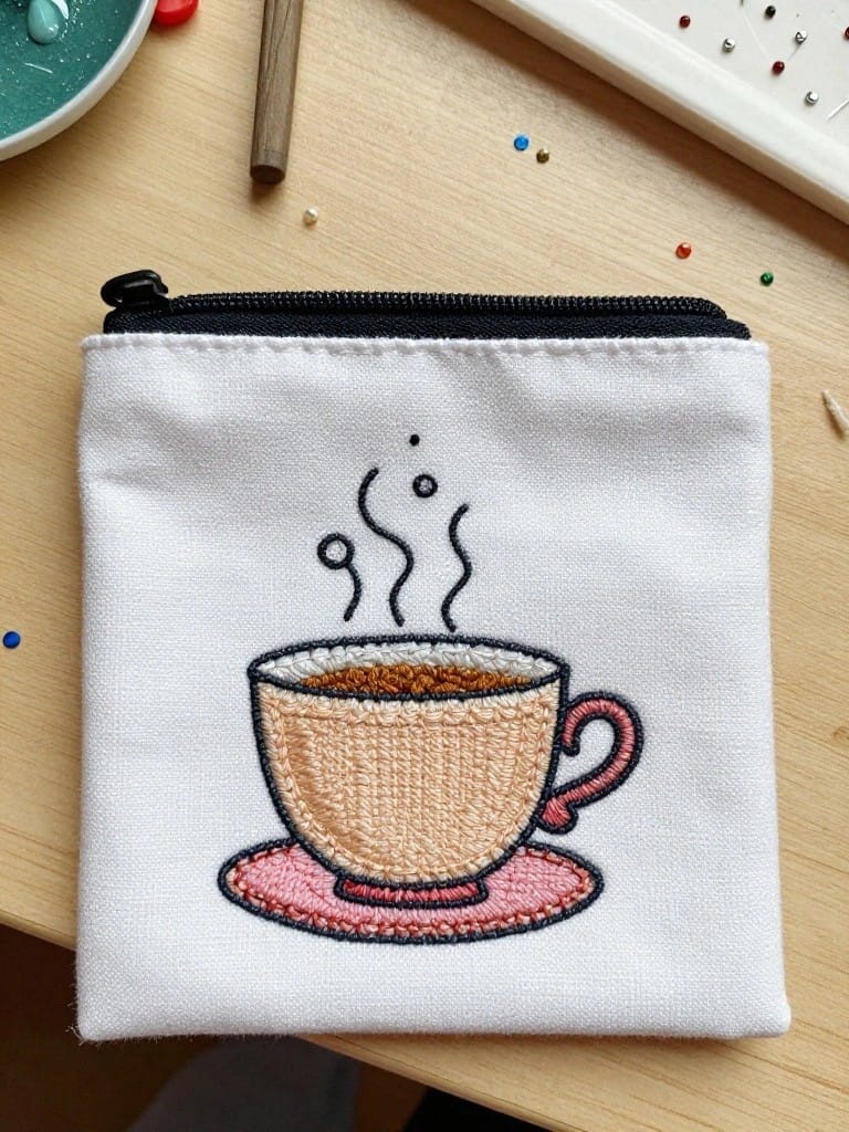Small white zippered pouch embroidered with tan coffee cup on pink saucer, pink handle, brown liquid inside, and rising steam.
