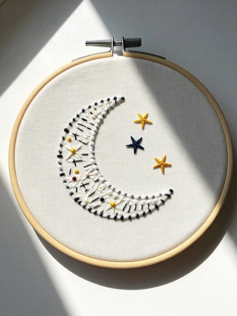 Embroidery hoop on white fabric with a white crescent moon accented by yellow and navy stars.