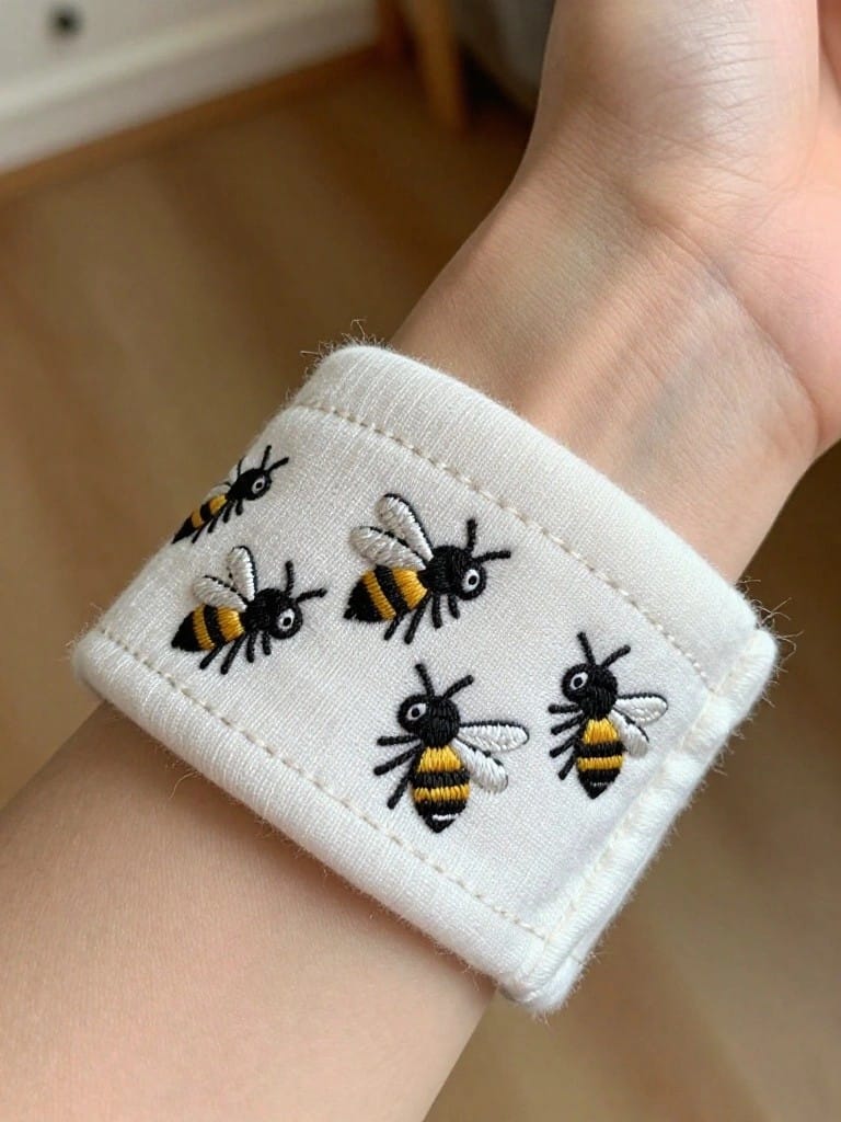White fabric cuff on a wrist embroidered with a row of small black, yellow, and white bumblebees.