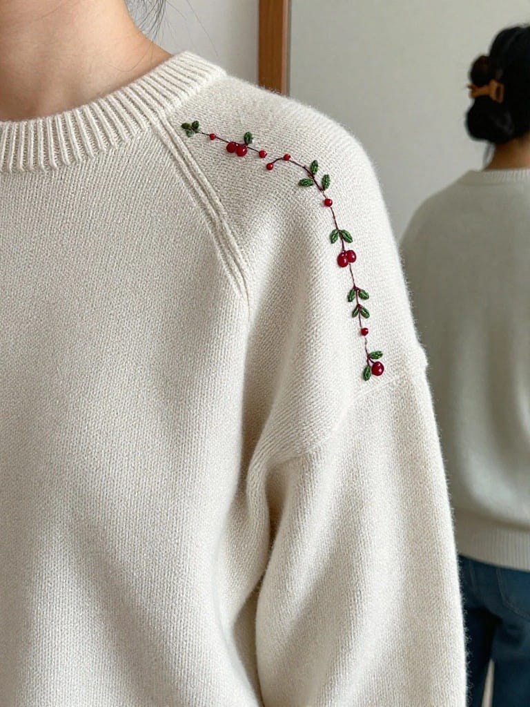 Cream knit sweater with red cherries and green leaves embroidered in a curving branch along the right shoulder seam, reflected in a mirror.