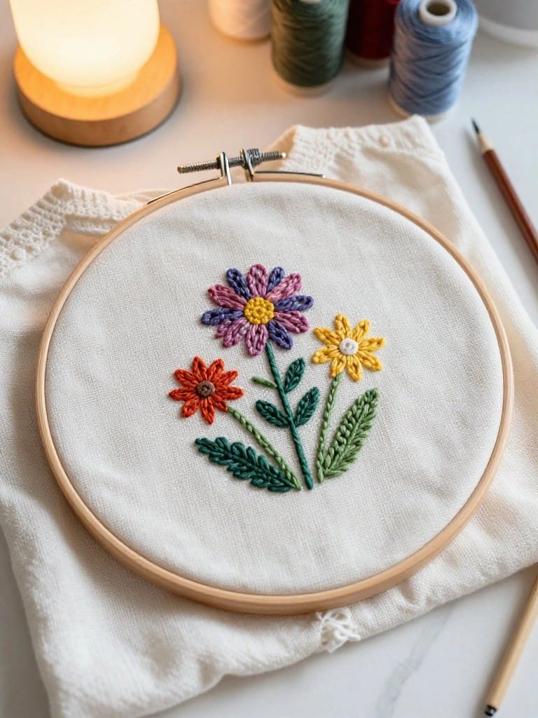 Embroidery hoop on white fabric featuring three daisies in purple, red, and yellow with green stems and leaves, surrounded by threads and a lamp.