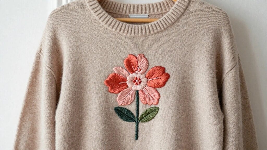 Cream knit sweater hanging on a wooden hanger with a small pink embroidered flower, green stem, and leaves on the upper left chest.