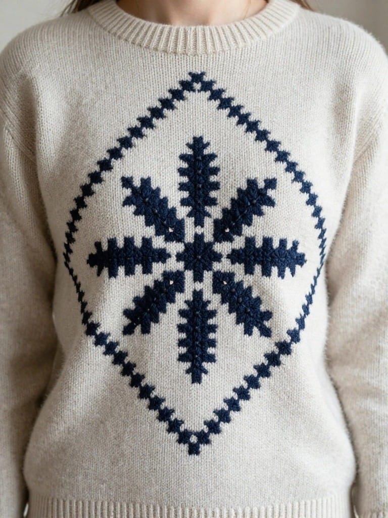 Cream knit sweater with navy embroidered snowflake motif inside a diamond border centered on the chest.