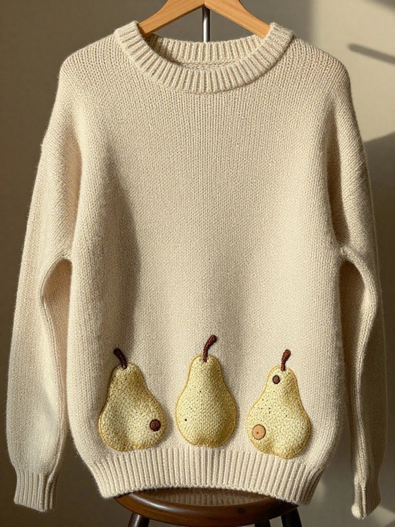 Cream knit sweater with three yellow embroidered pears spaced evenly across the front chest, hanging on a hanger.