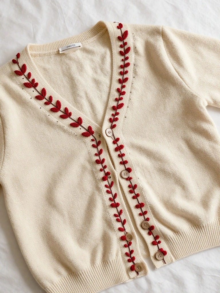 A cream knit cardigan laid flat with red embroidered leaf vines along the V-neck, front edges, hem, and sleeve cuffs.