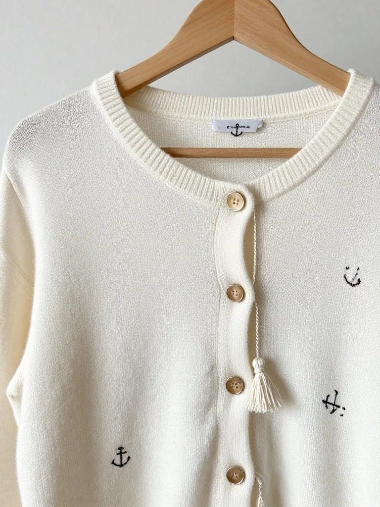 Cream knit cardigan with small black anchor embroideries on the lower front and wooden hanger.