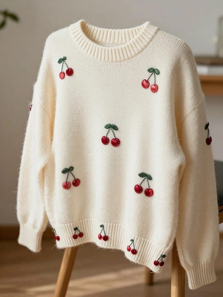 Cream knit sweater with small red embroidered cherries and green leaves scattered asymmetrically on the front, sleeves, and hem.