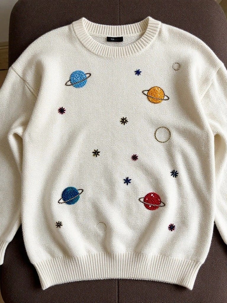 White crewneck sweater with scattered embroidery of colorful planets, stars, and dots on the front and sleeves.