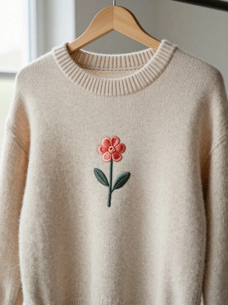 Cream knit sweater hanging on a wooden hanger with a small pink embroidered flower, green stem, and leaves on the upper left chest.
