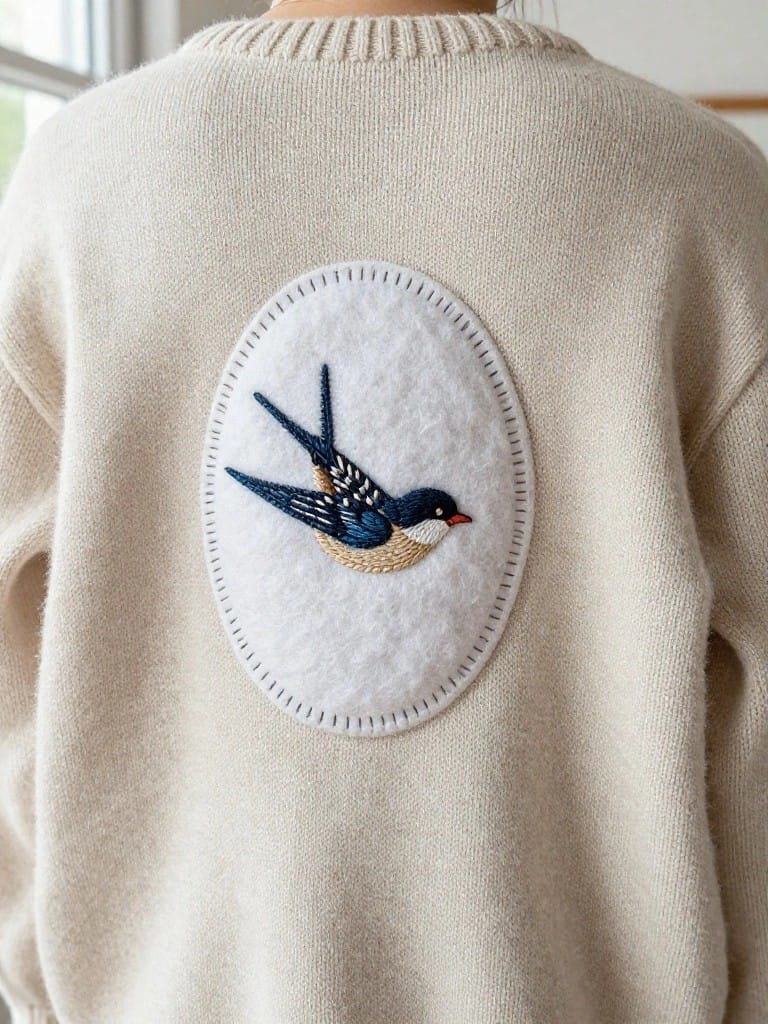 Back of a cream knit sweater with a white oval patch embroidered with a detailed blue swallow bird in flight on the upper back.