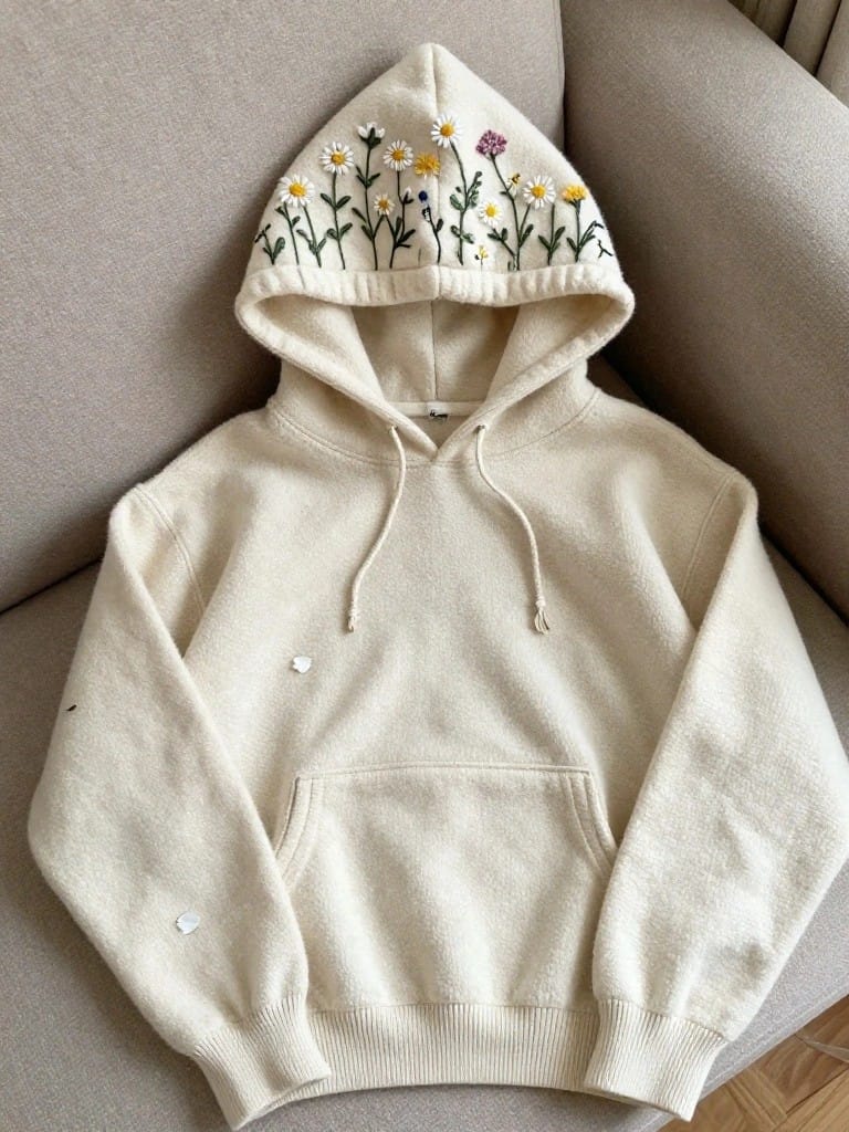 Cream hoodie laid flat with multicolored wildflower embroidery along the hood edge and small embroidered dots on the sleeves.
