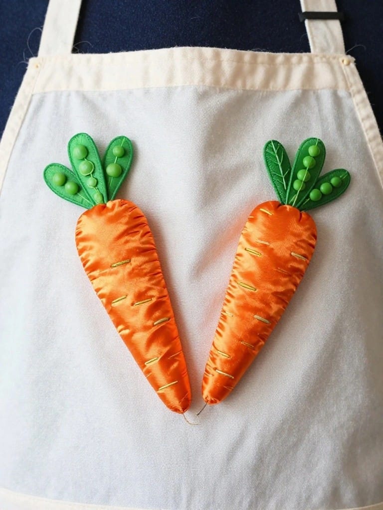White apron with two facing orange satin carrots and green felt leaves forming a heart shape on the front bib.