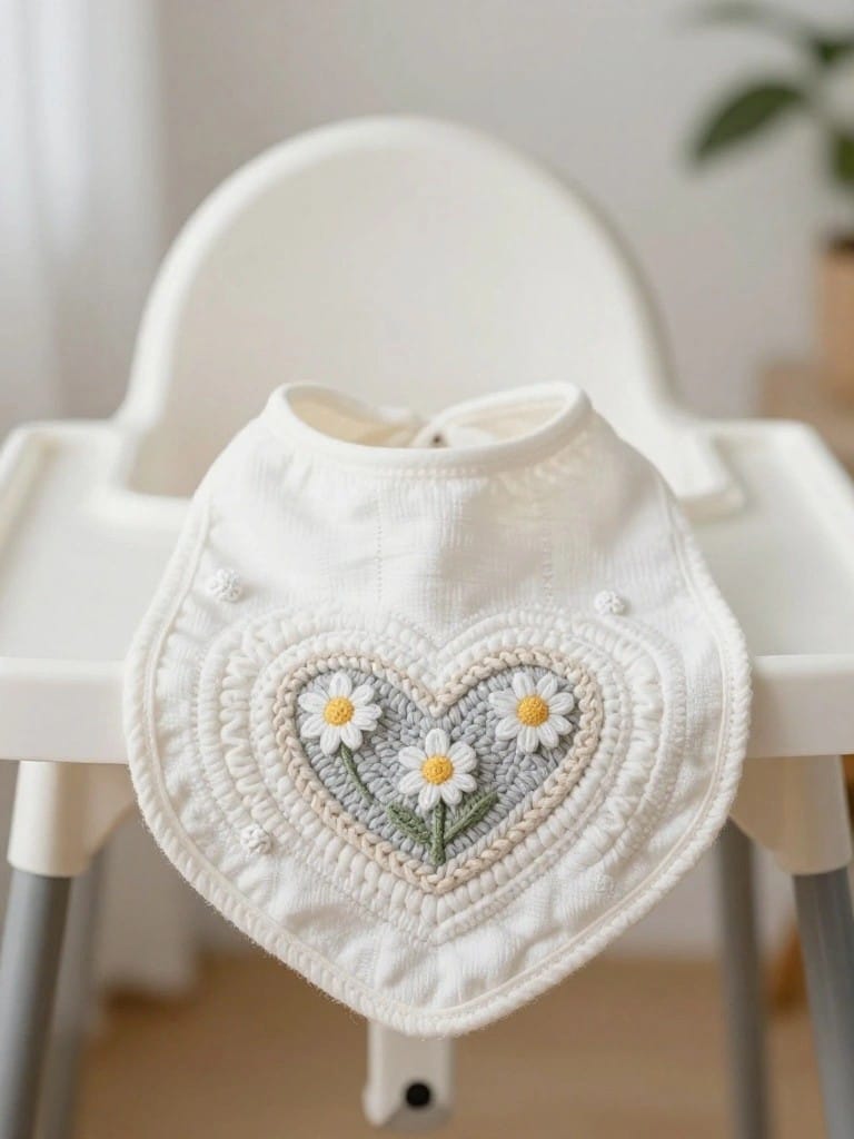 White baby bib draped over a high chair tray with a textured embroidered heart containing three daisies in the center.