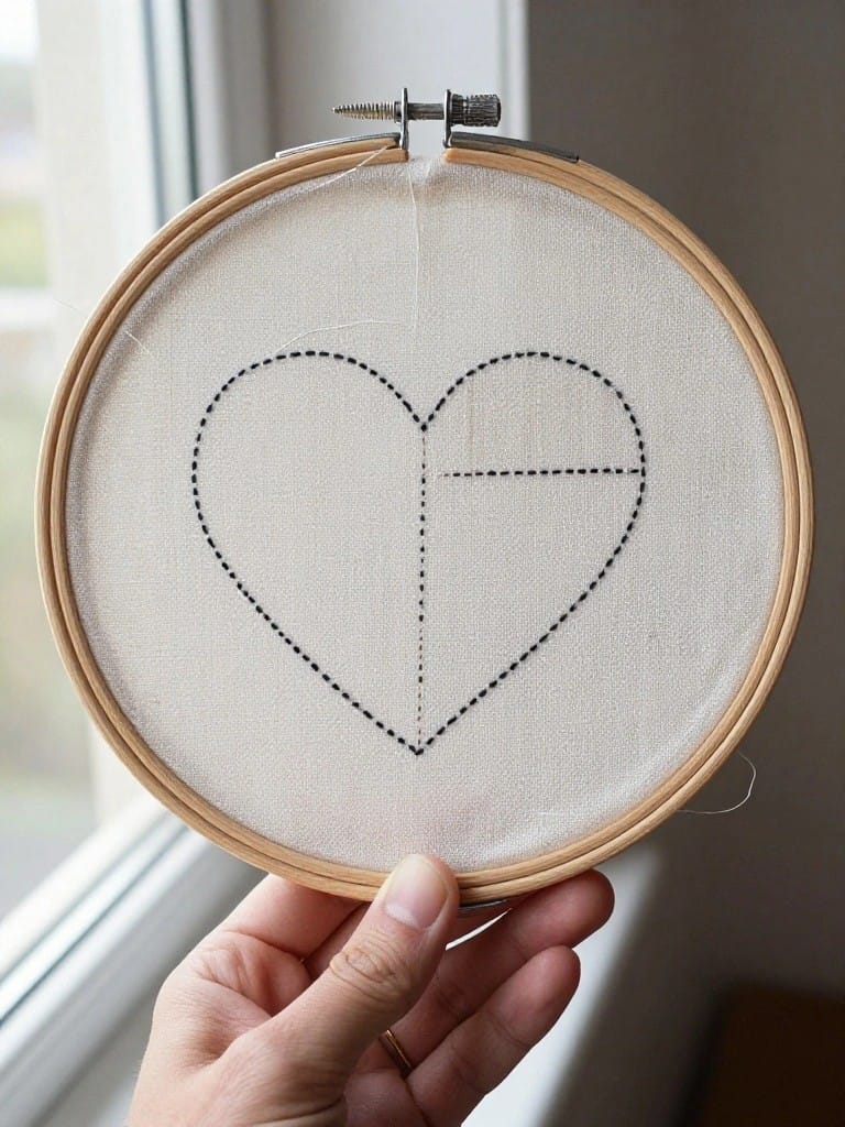 Hand holding a small wooden embroidery hoop with a black-outlined heart divided by dashed lines on white fabric.