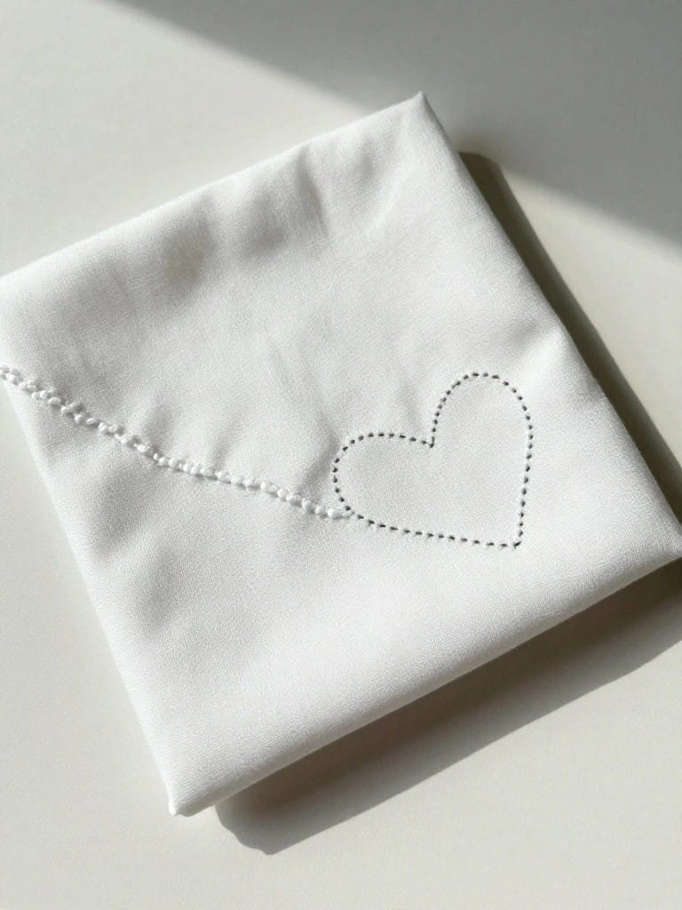 White fabric envelope with white embroidery of a dashed line leading from the edge to two hearts, one dashed outline and one solid.