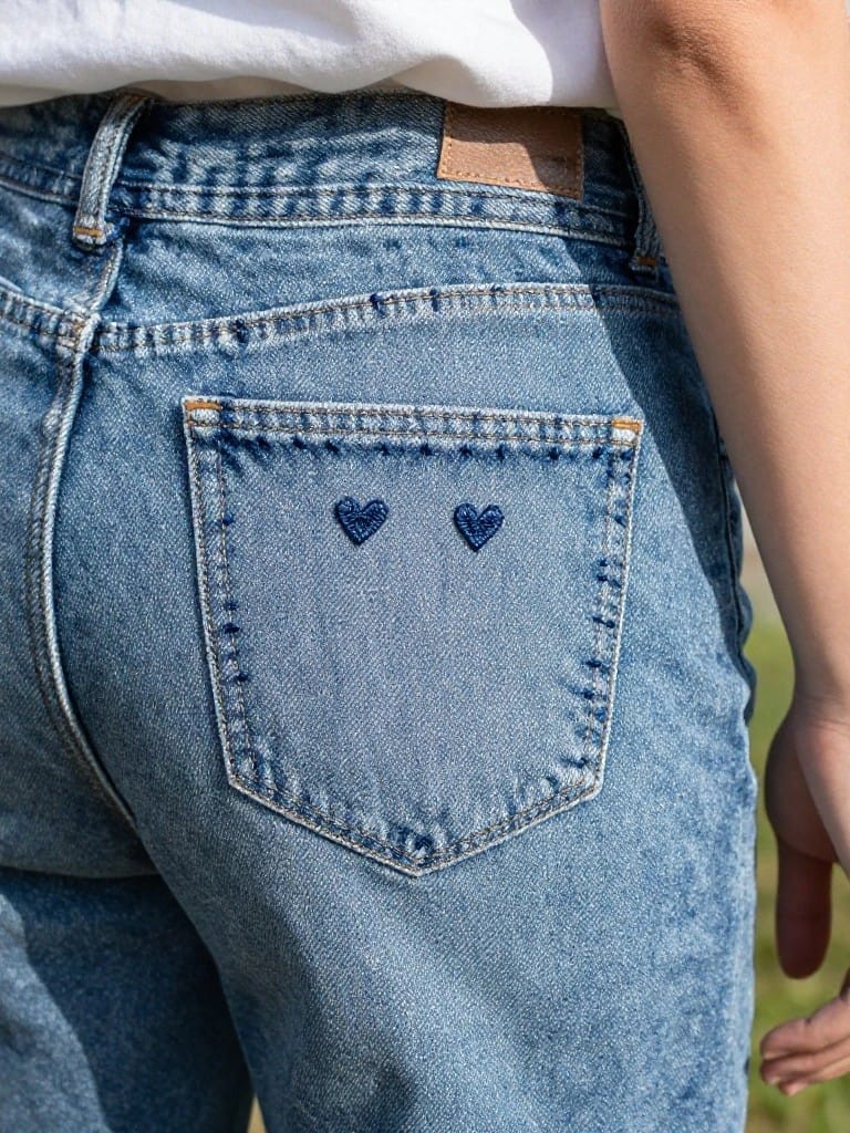 Back pocket of blue jeans with two small blue embroidered hearts on the flap.