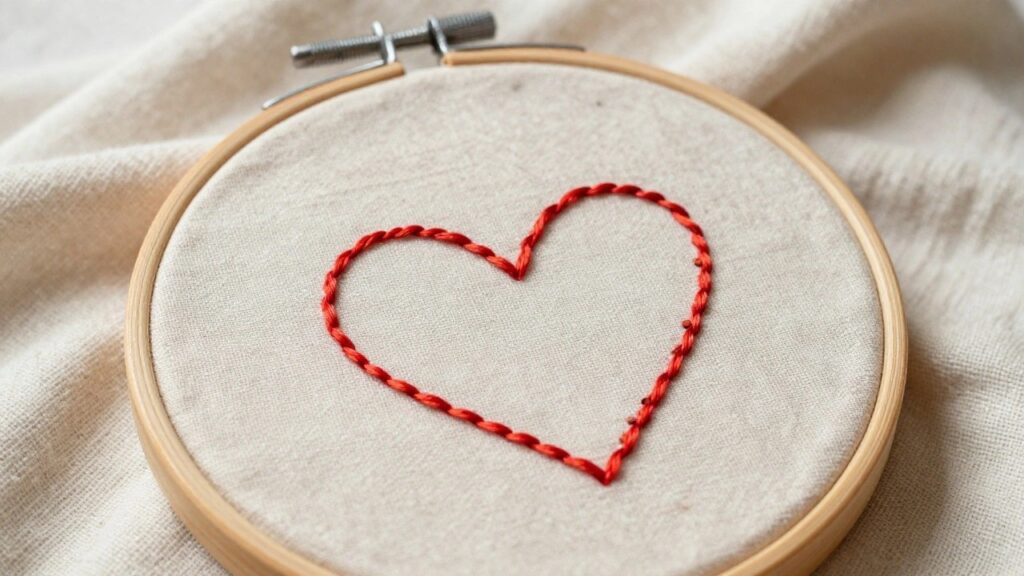 Embroidery hoop featuring a central red fabric heart applique edged in red beads on white fabric.