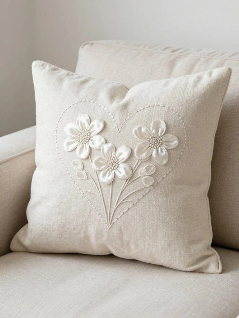 Cream linen pillow with white embroidered heart containing three flowers on stems, centered on the front.