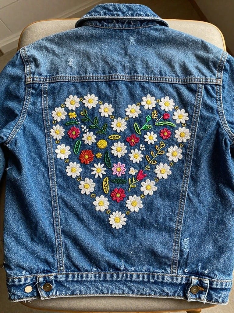 Back of a light wash distressed denim jacket embroidered with a large white-outlined heart filled with colorful daisies, flowers, and leaves.