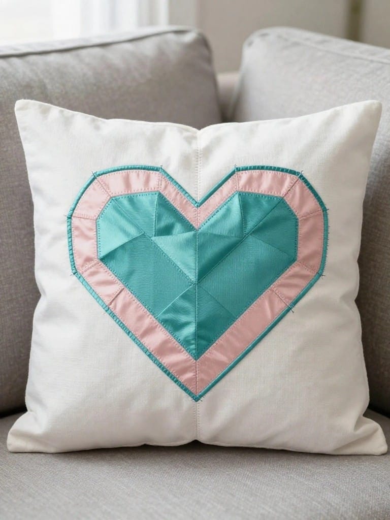 White pillow cover with central geometric heart applique in teal satin facets edged in pink satin.
