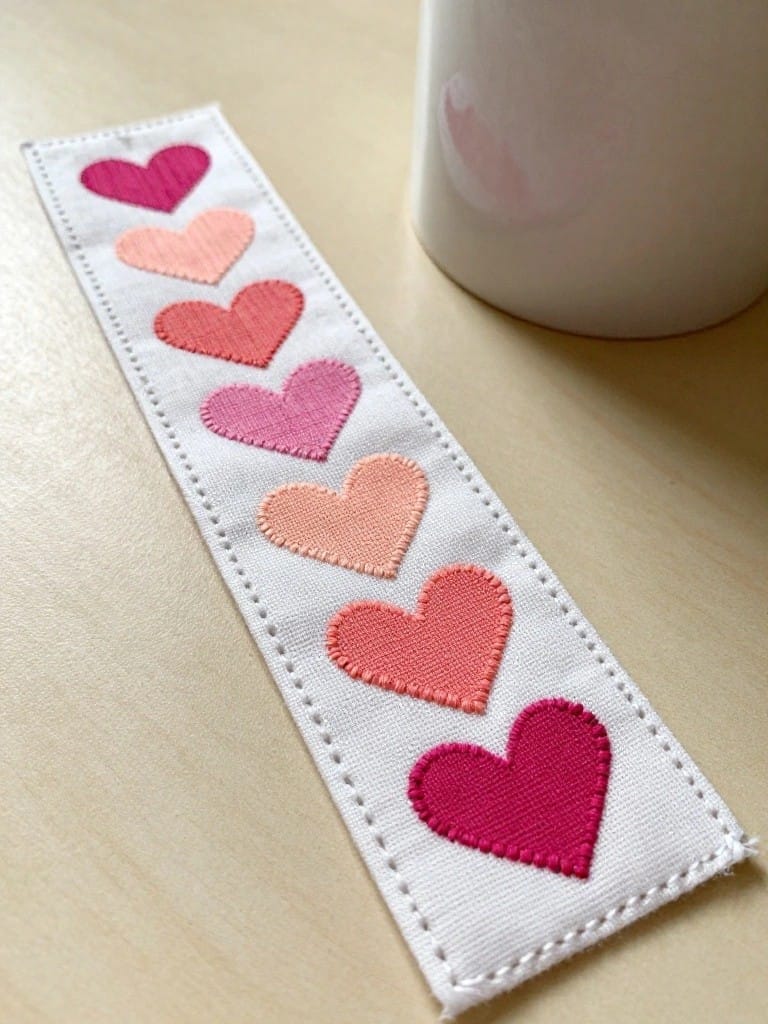 A narrow white fabric bookmark features seven embroidered hearts in a vertical gradient of pink shades next to a white mug on a wood table.