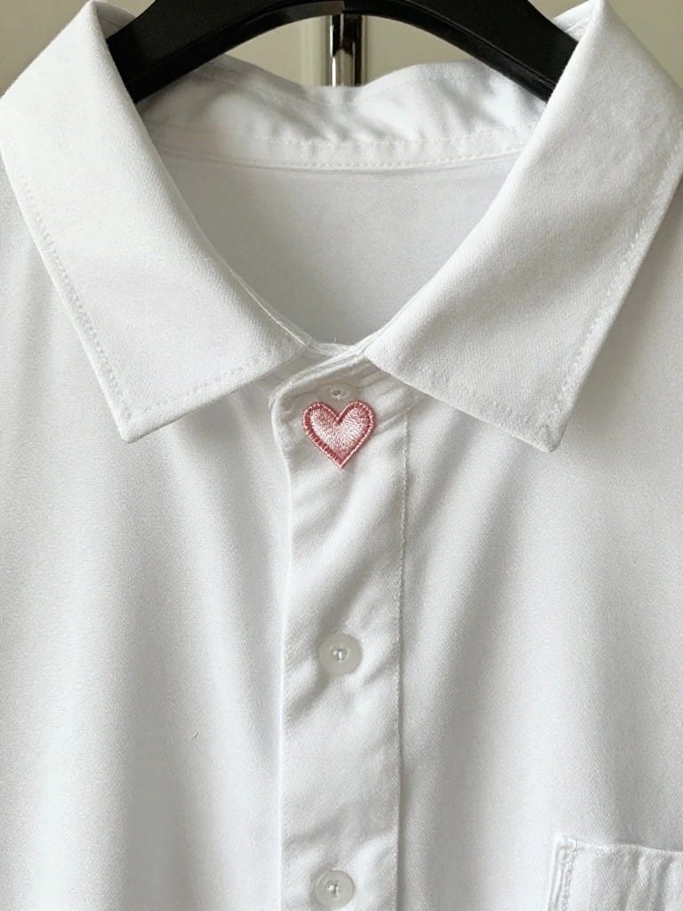 A white button-up shirt with a small pink embroidered heart centered on the top button near the collar.