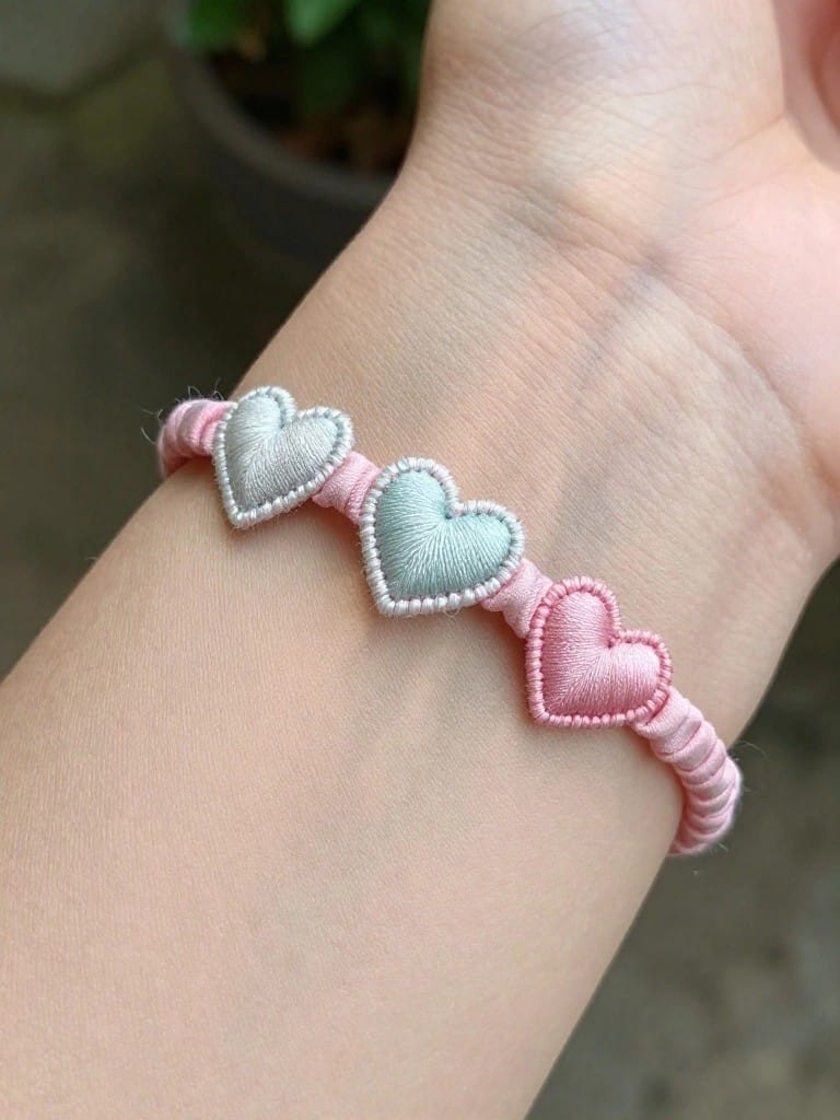 A pink stretchy bracelet on a wrist with three side-by-side padded embroidered hearts in pink and mint green.