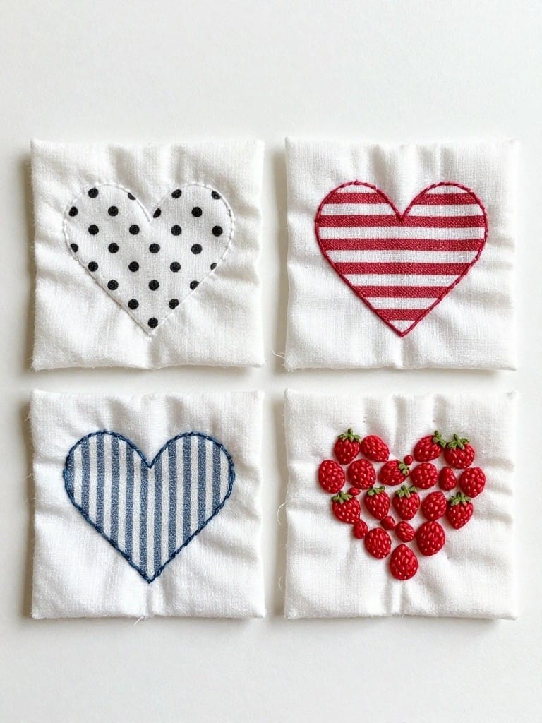 Four white square fabric pieces, each with an appliquéd heart in polka dots, red stripes, blue stripes, or strawberry cluster.