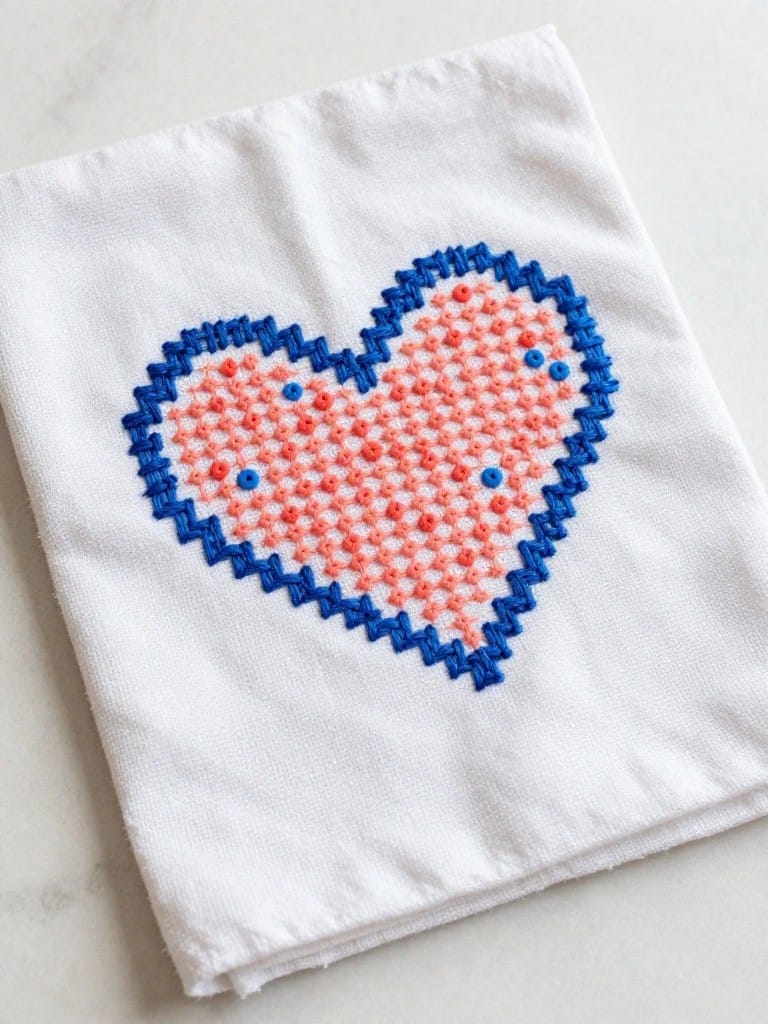 White fabric napkin embroidered with a central pixelated heart in red and blue stitches.